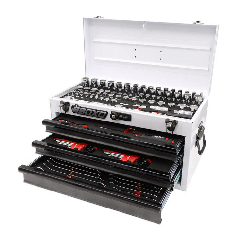 Boxo ECC20301-003R2 159-Piece Metric and SAE Combo Tool Set with White 3-Drawer Hand Carry Box